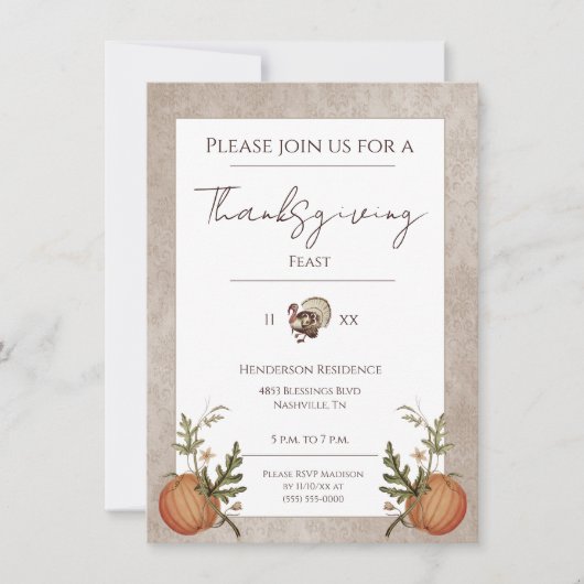 Damask Thanksgiving Diner | Beige Kaart (Voorkant)