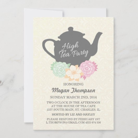 Damask & Theepot High Tea Uitnodiging (Voorkant)