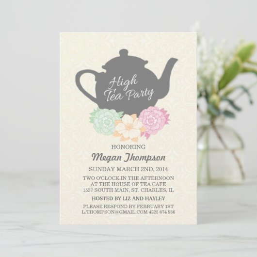 Damask & Theepot High Tea Uitnodiging (Staand voorkant)