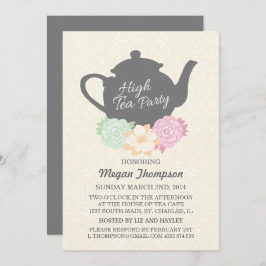 Damask & Theepot High Tea Uitnodiging (Voorkant / Achterkant)
