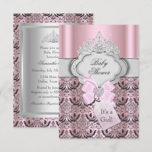 Damask & Tiara Princess Baby shower Invitation Kaart (Voorkant / Achterkant)