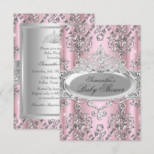  Damask Tiara Princess Baby shower Invite Kaart (Voorkant / Achterkant)