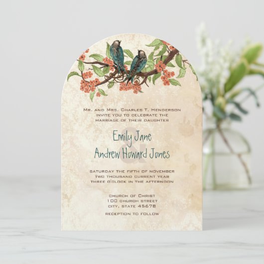 Damask  Tortelduifjes Tea Stain Wedding Invite Kaart (Staand voorkant)