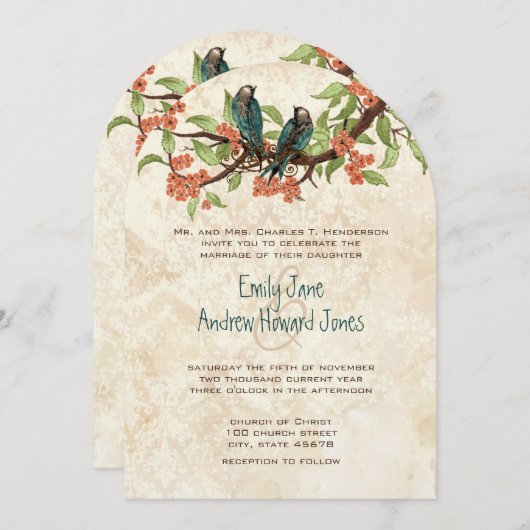 Damask  Tortelduifjes Tea Stain Wedding Invite Kaart (Voorkant / Achterkant)