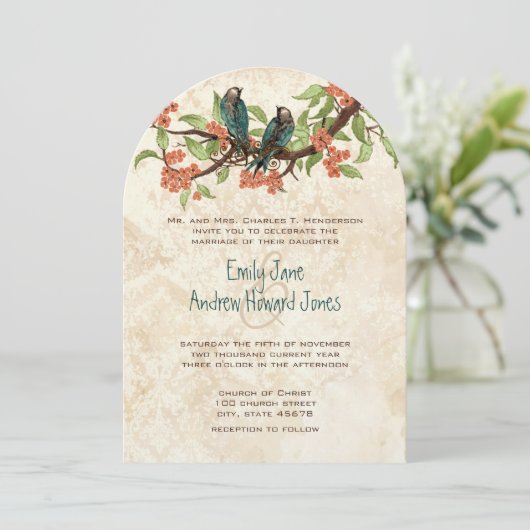 Damask  Tortelduifjes Tea Stain Wedding Invite Kaart (Staand voorkant)