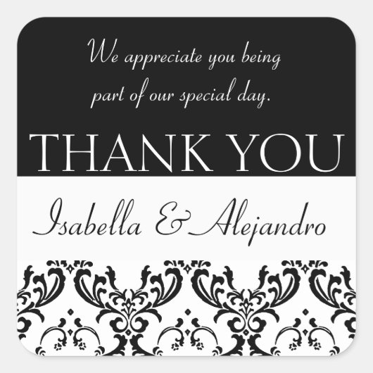 Damask Trouwgunst Dank u Label Black Square (Voorkant)