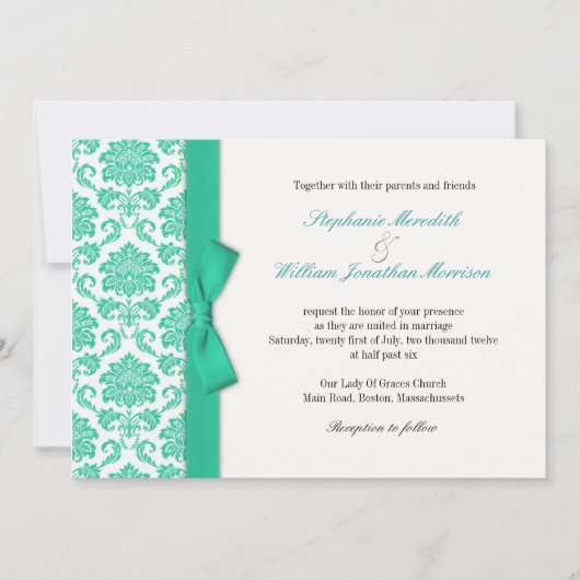 Damask Turquoise Bow Wedding Invitation Kaart (Voorkant)