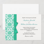 Damask Turquoise Bow Wedding Invitation Kaart (Voorkant / Achterkant)