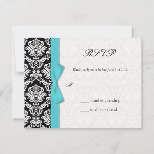 Damask Turquoise Bow Wedding RSVP Kaart (Voorkant)