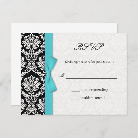 Damask Turquoise Bow Wedding RSVP Kaart (Voorkant / Achterkant)
