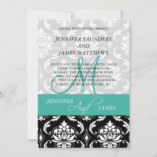 Damask Turquoise Monogram Names Wedding Invitation Kaart (Voorkant)