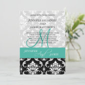 Damask Turquoise Monogram Names Wedding Invitation Kaart (Staand voorkant)
