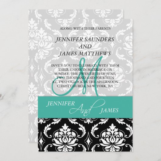 Damask Turquoise Monogram Names Wedding Invitation Kaart (Voorkant / Achterkant)