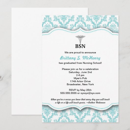 Damask Turquoise Nurse pinning afstuderen BSN RN Kaart (Voorkant / Achterkant)