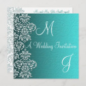 Damask Turquoise Wedding Invitation Kaart (Voorkant / Achterkant)