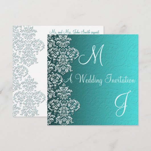 Damask Turquoise Wedding Invitation Kaart (Voorkant / Achterkant)