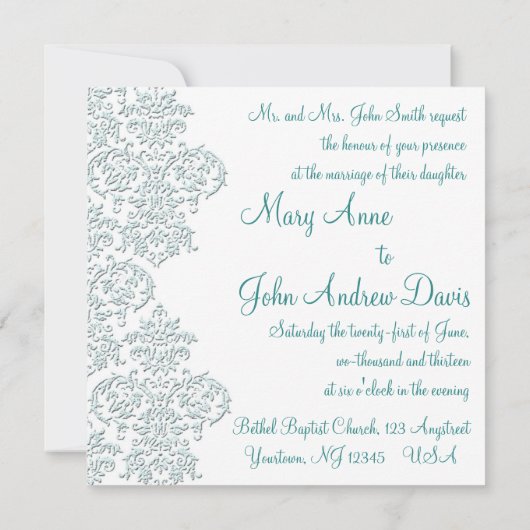 Damask Turquoise Wedding Invitation Kaart (Achterkant)