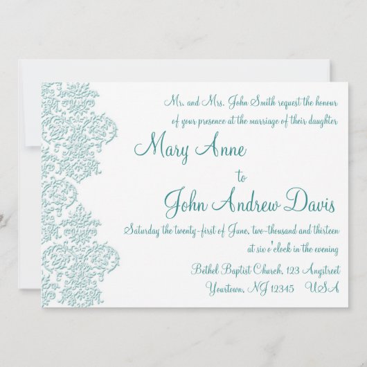 Damask Turquoise Wedding Invitation Kaart (Achterkant)