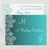 Damask Turquoise Wedding Invitation Kaart (Voorkant / Achterkant)