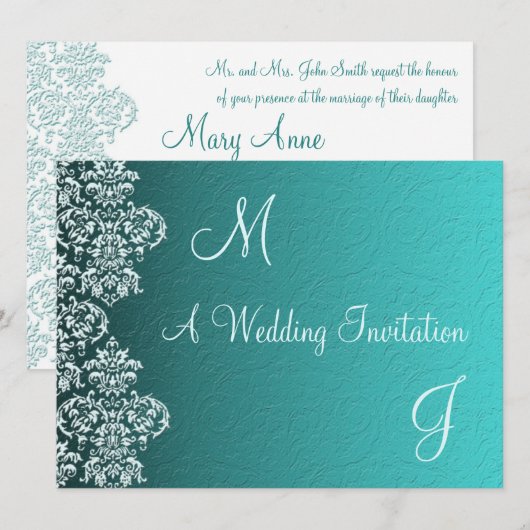 Damask Turquoise Wedding Invitation Kaart (Voorkant / Achterkant)