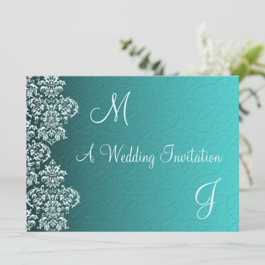 Damask Turquoise Wedding Invitation Kaart (Staand voorkant)