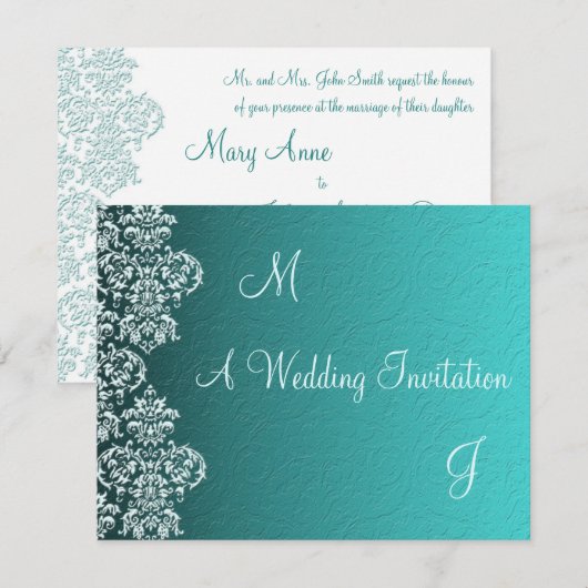 Damask Turquoise Wedding Invitation Kaart (Voorkant / Achterkant)