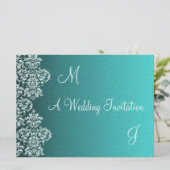 Damask Turquoise Wedding Invitation Kaart (Staand voorkant)