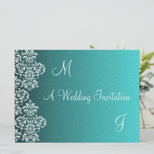 Damask Turquoise Wedding Invitation Kaart (Staand voorkant)