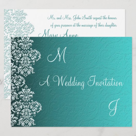 Damask Turquoise Wedding Invitation Kaart (Voorkant / Achterkant)