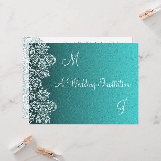 Damask Turquoise Wedding Invitation Kaart (Voorkant / Achterkant in situ)