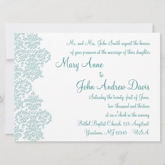 Damask Turquoise Wedding Invitation Kaart (Achterkant)