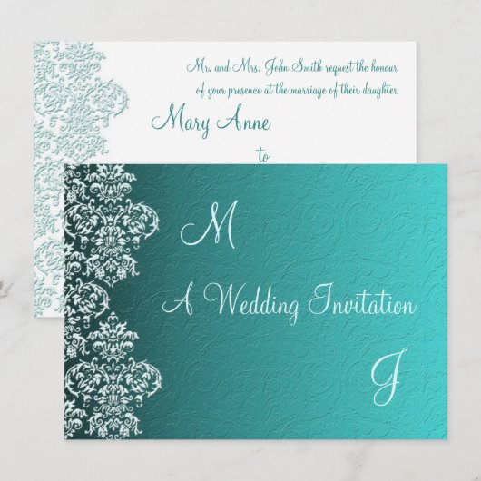Damask Turquoise Wedding Invitation Kaart (Voorkant / Achterkant)