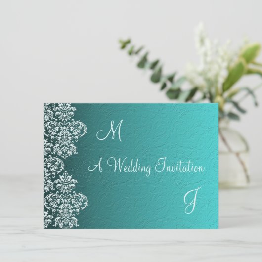 Damask Turquoise Wedding Invitation Kaart (Staand voorkant)