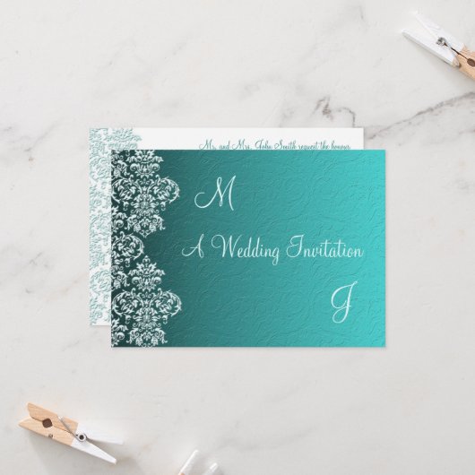 Damask Turquoise Wedding Invitation Kaart (Voorkant / Achterkant in situ)