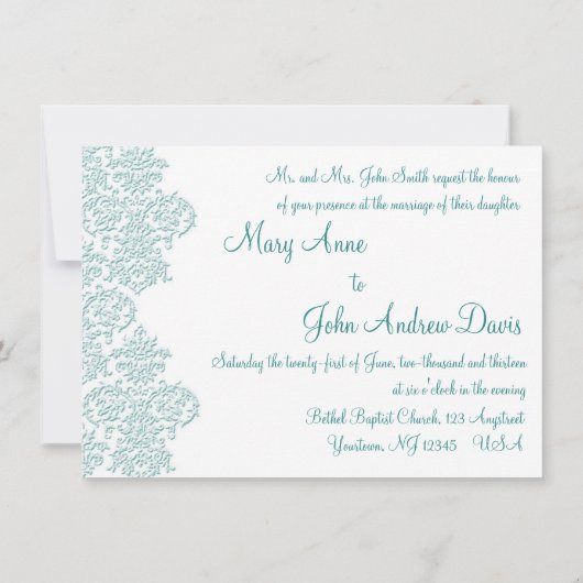 Damask Turquoise Wedding Invitation Kaart (Achterkant)