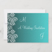 Damask Turquoise Wedding Invitation Kaart (Voorkant)