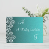 Damask Turquoise Wedding Invitation Kaart (Staand voorkant)