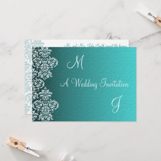 Damask Turquoise Wedding Invitation Kaart (Voorkant / Achterkant in situ)