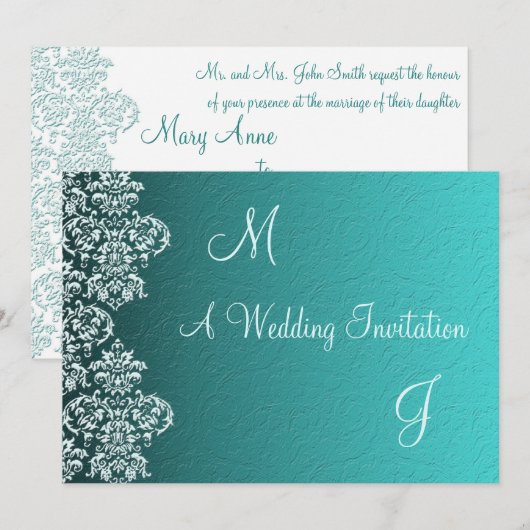 Damask Turquoise Wedding Invitation Kaart (Voorkant / Achterkant)
