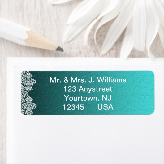Damask Turquoise Wedding Return Label (Insitu)