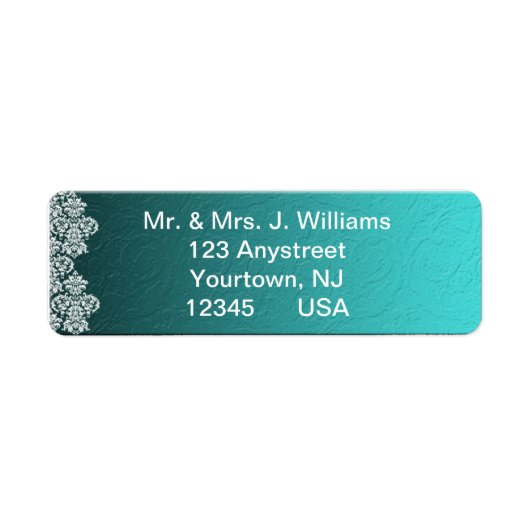 Damask Turquoise Wedding Return Label (Voorkant)