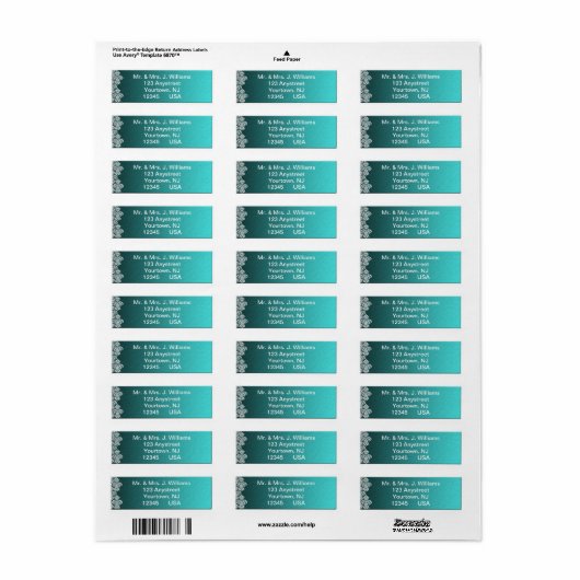 Damask Turquoise Wedding Return Label (Full Sheet)
