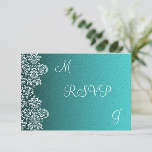 Damask Turquoise Wedding RSVP (Staand voorkant)