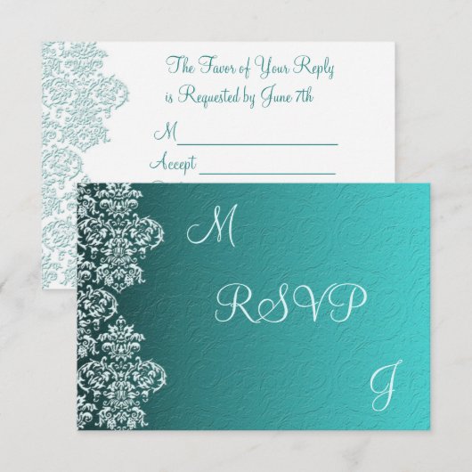 Damask Turquoise Wedding RSVP Kaartje (Voorkant / Achterkant)