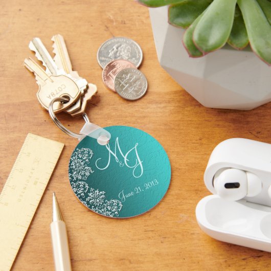 Damask Turquoise Wedding Sleutelhanger (Bureau)