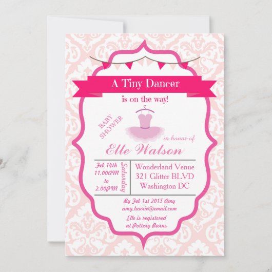 Damask Tutu Ballerina Baby Shower Invitaties Aqua Kaart (Voorkant)