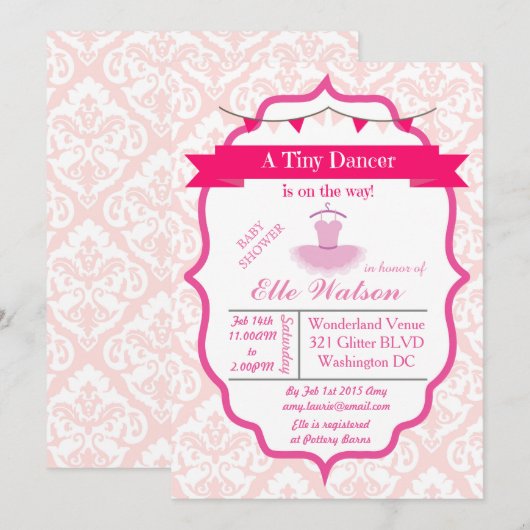 Damask Tutu Ballerina Baby Shower Invitaties Aqua Kaart (Voorkant / Achterkant)