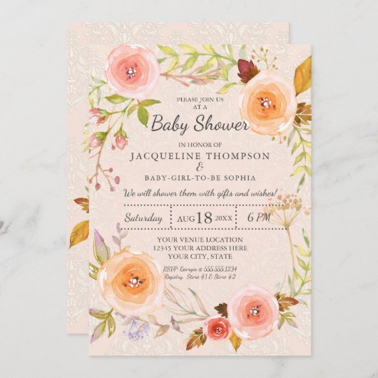 Damask Typography Blush n Gold Waterverf Floral Kaart (Voorkant / Achterkant)