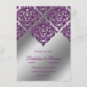 Damask Uitnodiging Foto Kaart Zilver Paars Glitter