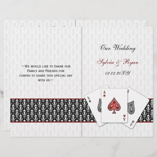 damask Vegas red folded Wedding Programme (Voorkant / Achterkant)